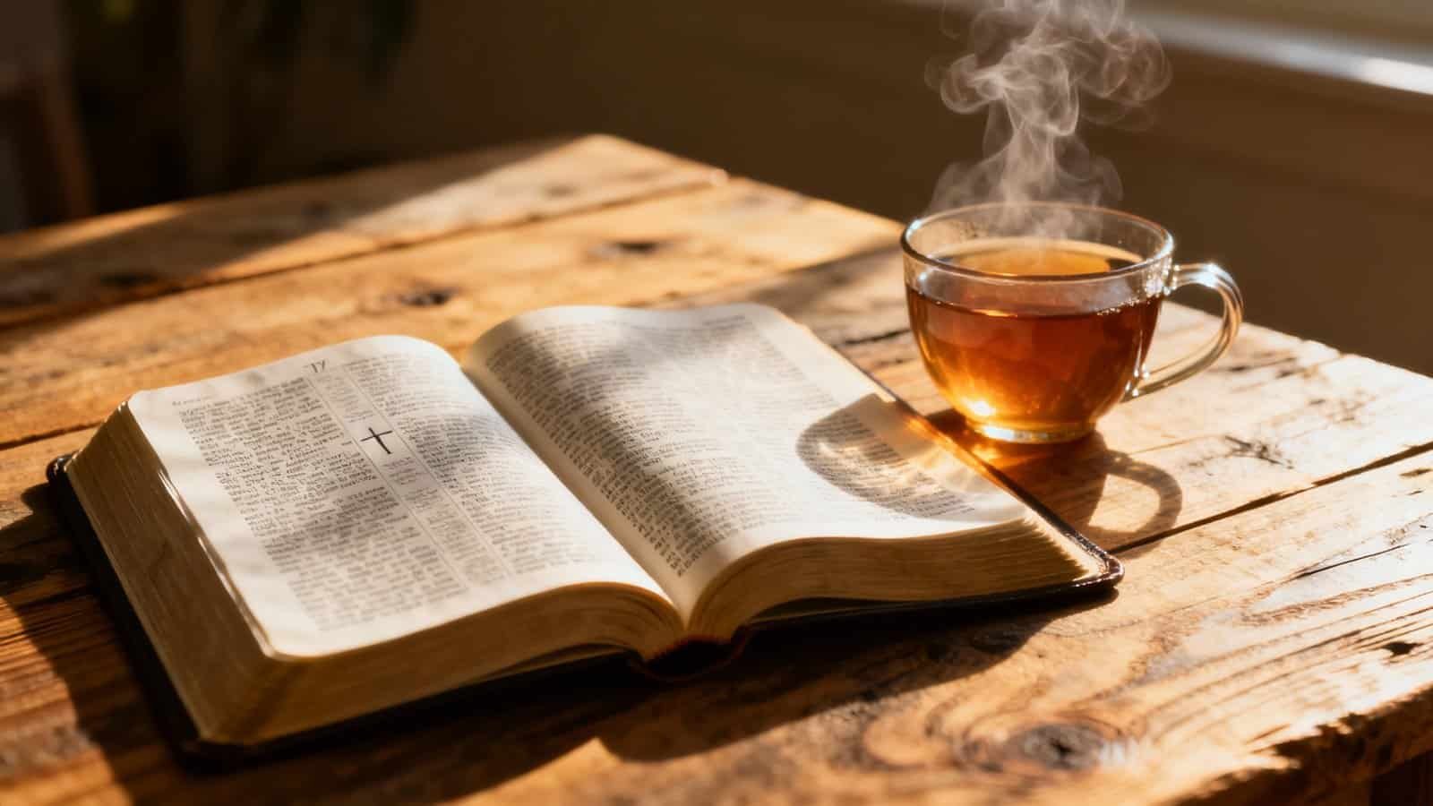 A steaming cup of tea next to an open Bible on a rustic wooden table, illuminated by warm sunlight.