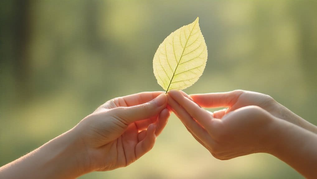 Gentle hands holding a yellow-green leaf outdoors, symbolizing renewal and faith, perfect for Christian-inspired content and inspirational Bible song themes.