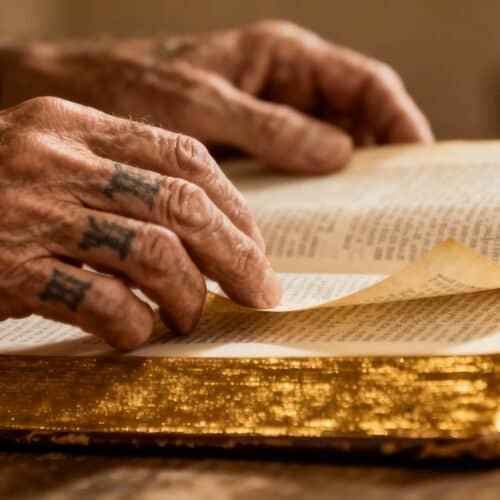 Finding Your Perfect Random Bible Verse My Bible Song 2026 Ancient hands with tattoos flipping through the pages of a well-worn Bible, symbolizing faith and devotion; perfect for showcasing religious singing and worship ideas on My Bible Song.