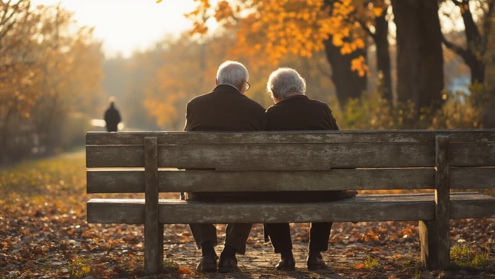 What Are Key Bible Verses About Honoring Your Father and Mother? My Bible Song 2026 Aging couple sitting on park bench during autumn, peaceful scene, reflecting faith and spirituality, suitable for Bible song themes.
