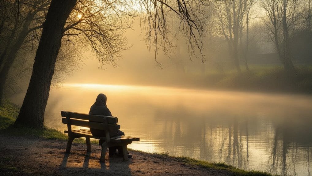 Serene image of a woman sitting on a park bench by a calm river at dawn, reflecting spiritual contemplation and faith in God, suitable for Christian worship, prayer, and biblical inspiration.