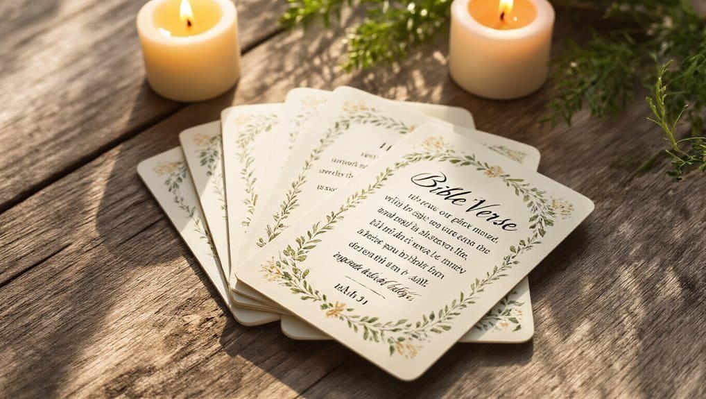 Bible verse cards on rustic wooden table with lit candles, emphasizing Christian faith and biblical teachings, ideal for prayer, worship, and spiritual reflection.