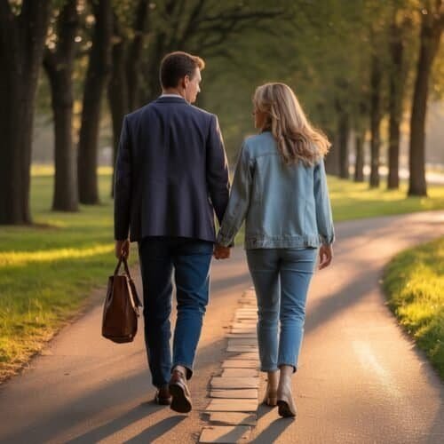 What Does the Bible Verse Say About Being Equally Yoked? My Bible Song 2026 Distance walking couple holding hands in a peaceful park at sunset, emphasizing faith and love in everyday life with biblical inspiration.