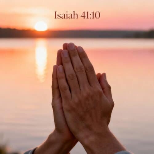 A praying hands image at sunset over a serene lake, with "Isaiah 41:10" scripture overlay, emphasizing faith, prayer, and biblical inspiration from My Bible Song. Perfect for spiritual reflection and Christian devotion.
