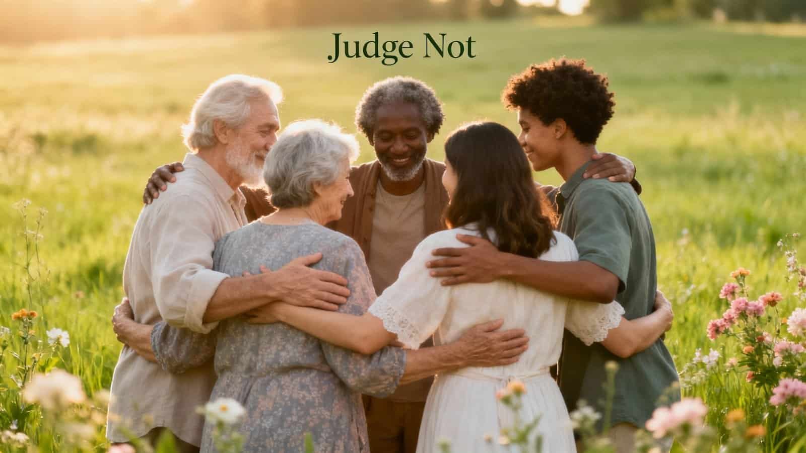 Joyful diverse family embracing in a sunlit field, symbolizing love, unity, and faith, inspired by the biblical message "Judge Not" from the My Bible Song collection for Christian children's music.