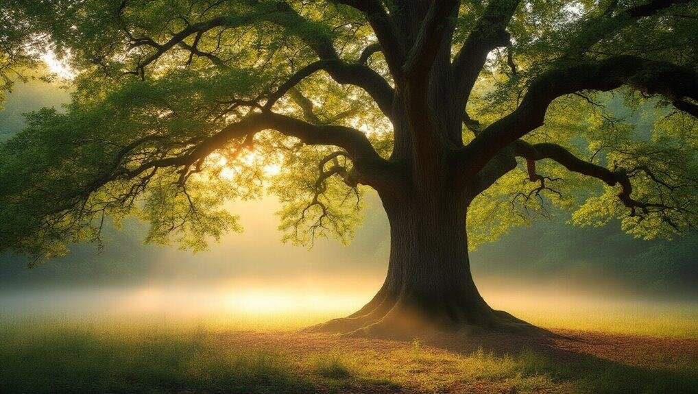Majestic old oak tree with sunlight shining through its branches in a peaceful, natural setting, symbolizing faith and spiritual growth as featured on My Bible Song website.