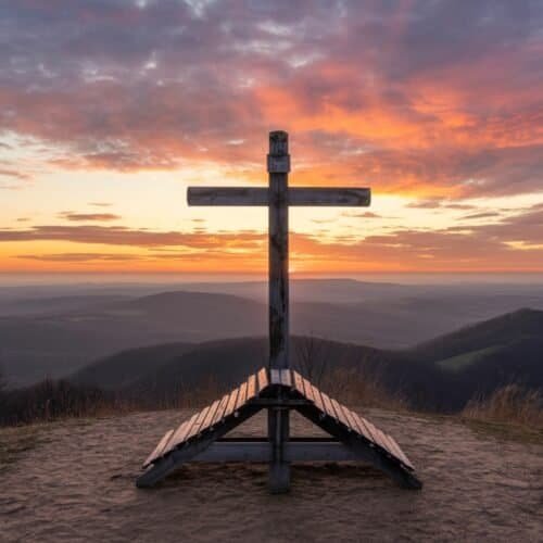 10 Powerful Bible Verses for Easter Reflection My Bible Song 2026 Sunset horizon over mountain landscape with wooden cross on hilltop, symbol of faith and spirituality, in a peaceful outdoor setting at dusk.