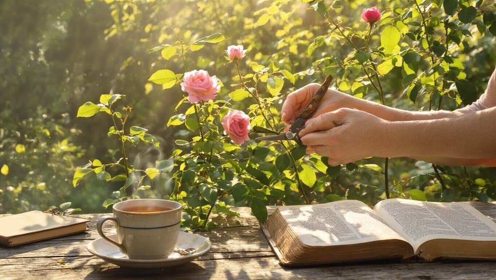 Bright outdoor scene of a person pruning pink roses next to an open Bible on a rustic wooden table, with a cup of tea and a closed notebook, emphasizing spiritual growth and biblical inspiration.