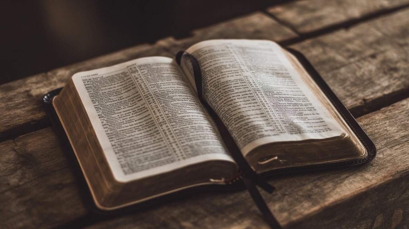 Bible open on a wooden surface, exemplifying faith, worship, Christian prayer, Bible study, and spiritual devotion.