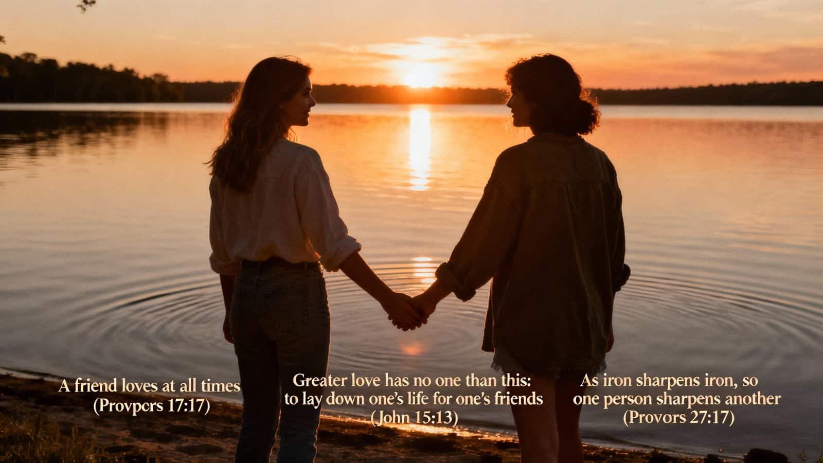 Friendship, women holding hands by lake at sunset, Bible verses about love and friendship, Christian faith, spiritually inspired image, peaceful outdoor setting, romantic and inspirational themes, faith-based community, love and kindness, biblical quotes about friendship.
