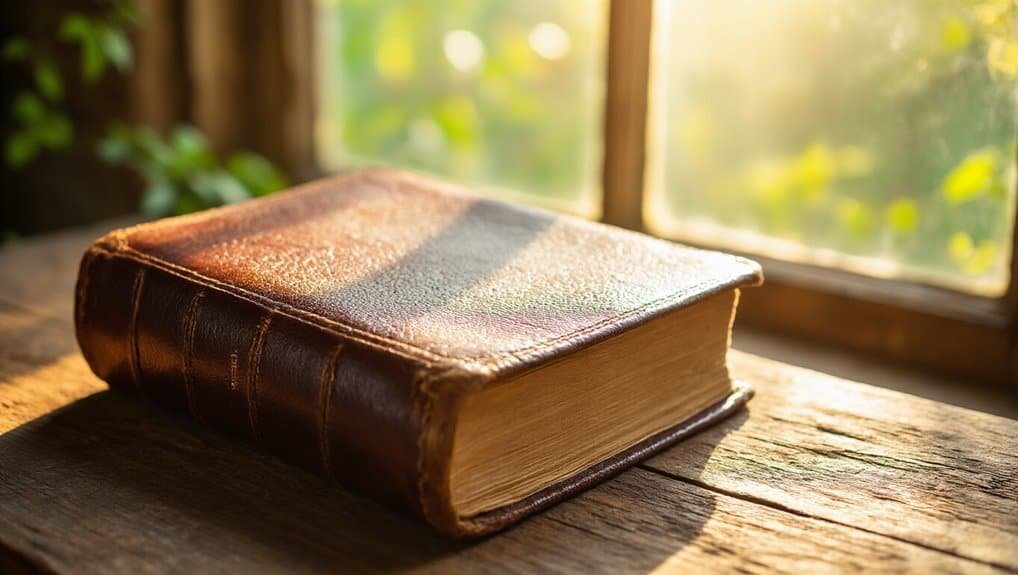 Old leather Bible on a wooden table near a sunny window, emphasizing faith, spirituality, and Bible study.