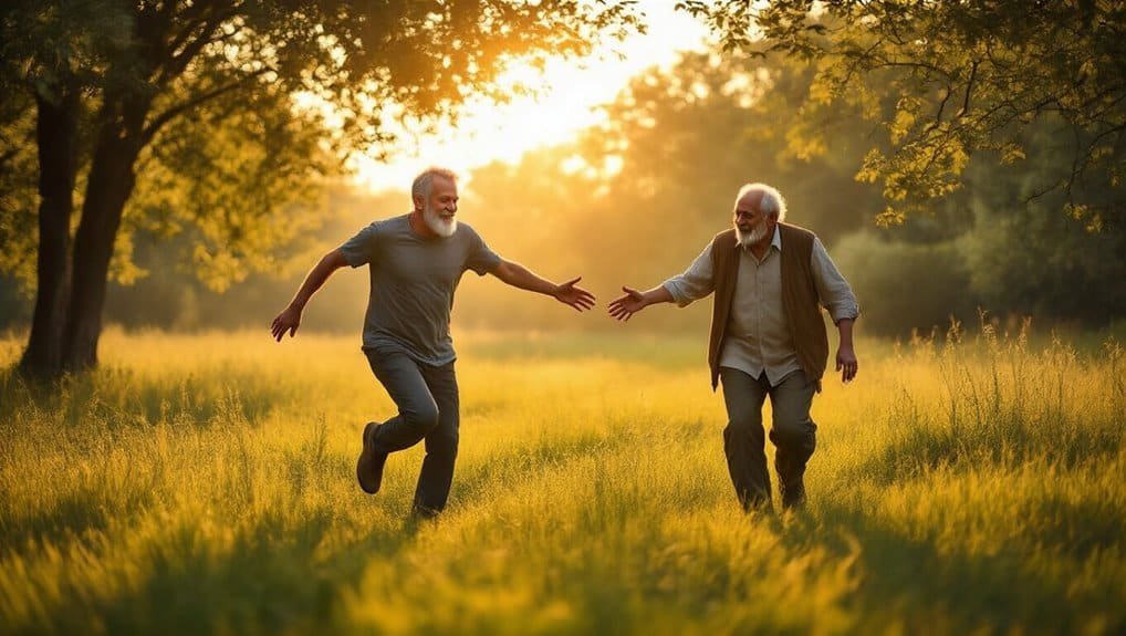 Joyful senior men running and embracing outdoors during sunset, celebrating faith and friendship, promoting spiritual connection and biblical inspiration for all ages.