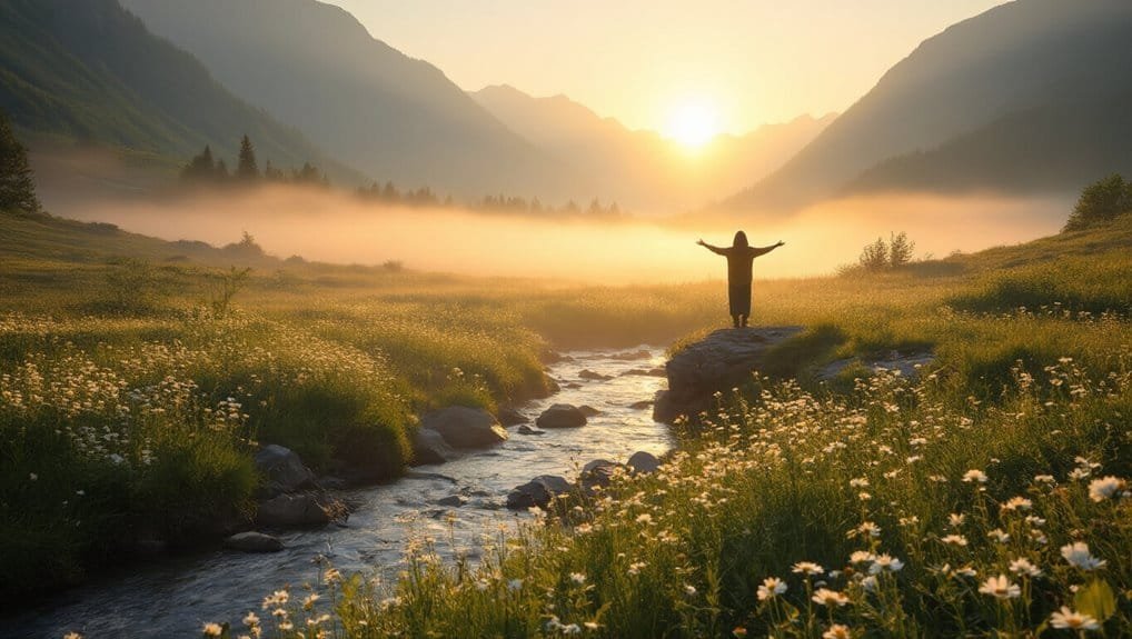 Sunrise over mountain valley with person spreading arms, peaceful nature scene, My Bible Song, spiritual devotion, worship, serenity, outdoor prayer, awe-inspiring scenery, Christian music, faith reflection.