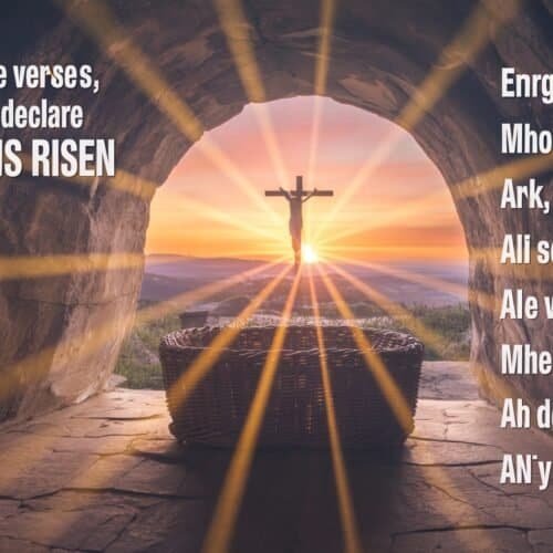 5 Bible Verses That Declare He Is Risen My Bible Song 2026 He IS risen Bible verses, sunrise through the cave opening, Jesus on the cross, Easter morning, Christian faith, resurrection, religious song, worship, theological imagery, Christian hymn.