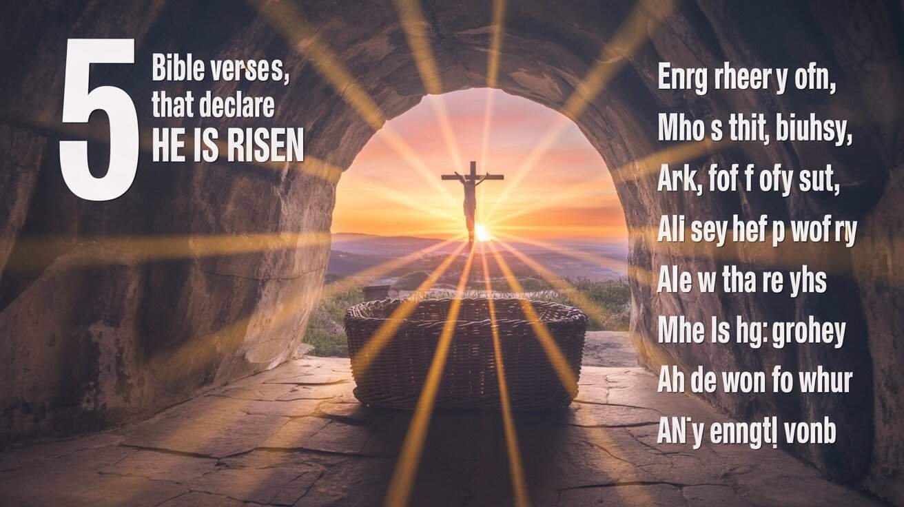 He IS risen Bible verses, sunrise through the cave opening, Jesus on the cross, Easter morning, Christian faith, resurrection, religious song, worship, theological imagery, Christian hymn.
