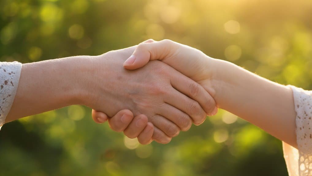 Hopeful hand in handshake symbolizing faith and unity, promoting Christian worship and religious songs from My Bible Song website.