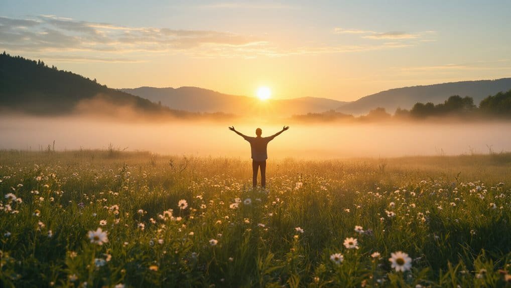 Embrace the Promise of Joy: Bible Verse on Joy Comes in the Morning My Bible Song 2026 Sunrise over a field with a person raising arms, symbolizing faith and prayer, representing biblical worship and spiritual connection with God in nature, promoting Christian devotion and faith-based inspiration.