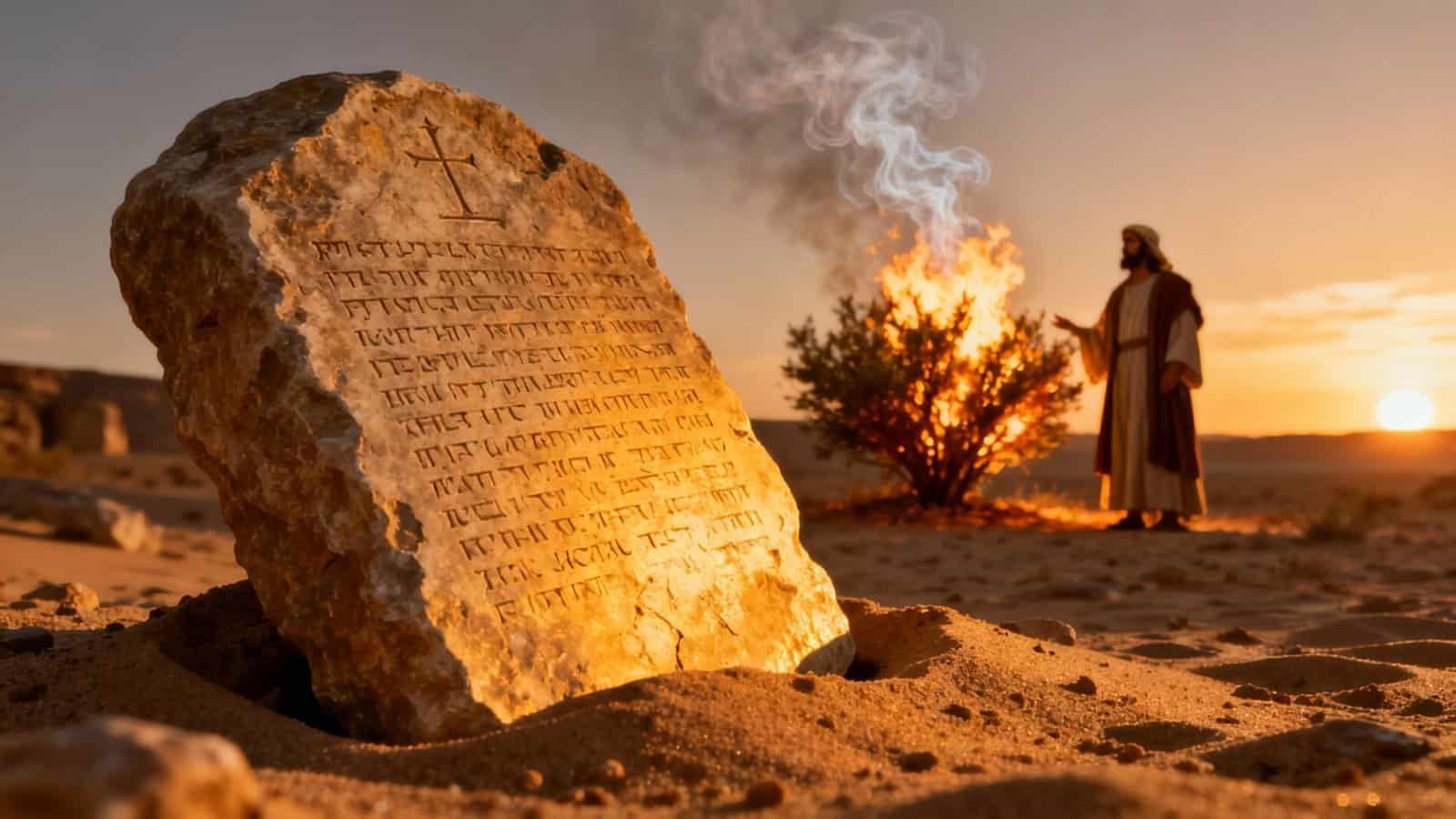 What Does the Bible Verse I Am That I Am Mean? My Bible Song 2026 Ancient stone tablet with biblical inscriptions in desert setting during sunset, depicting biblical themes and spiritual worship.