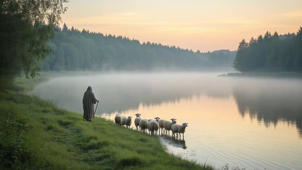 Serene biblical scene of a shepherd with sheep by a calm river at dawn, symbolizing faith, guidance, and spiritual tranquility, ideal for religious inspiration and biblical song themes.
