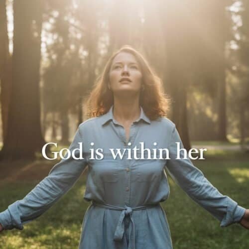 Embracing the Bible Verse God Is Within Her My Bible Song 2026 Her joyful woman in a serene forest, embracing faith and spirituality, representing God’s presence within, from My Bible Song.