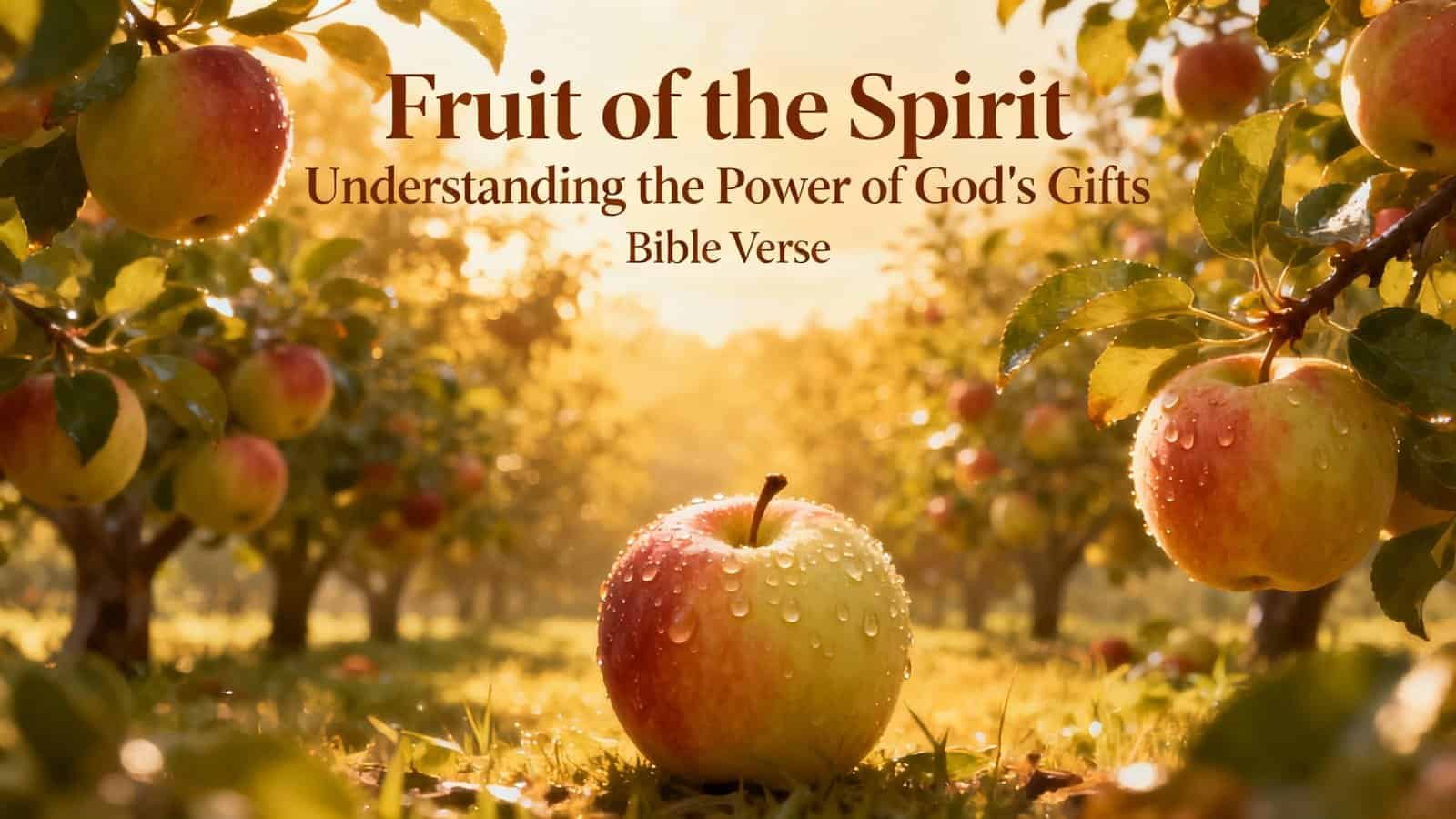 Sunlit apple orchard with dew-covered apples highlighting the fruit of the Spirit and God's gifts, perfect for promoting biblical teachings and Christian devotion.
