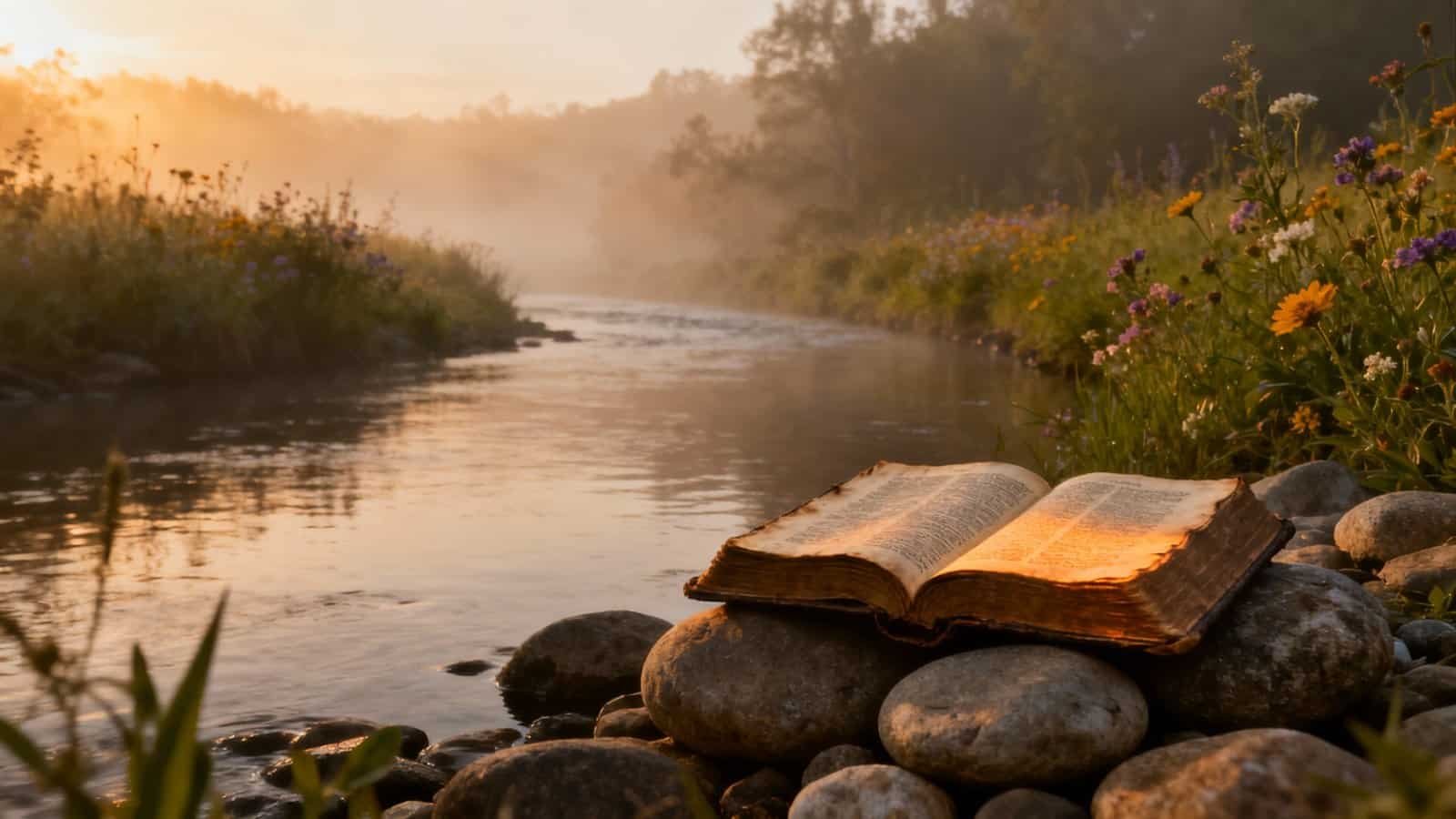 Bible on rocks by river at sunrise, peaceful outdoor scene, spiritual reflection, worship, nature, faith, Christian music, sacred moments, inspiring, prayer, serenity, biblical inspiration, religious worship, outdoor devotion, My Bible Song.