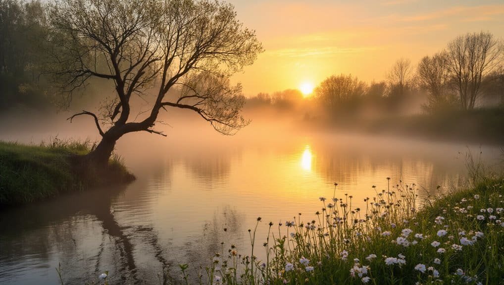 Peaceful sunrise at a tranquil river with blooming wildflowers and mist, highlighting serenity and natural beauty, perfect for promoting Christian song and devotion content.