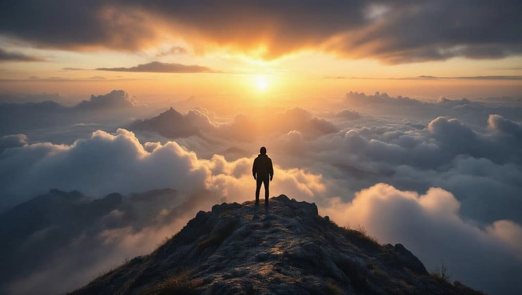 A person standing on a mountain peak during sunset above the clouds, symbolizing faith, hope, and spirituality from My Bible Song.