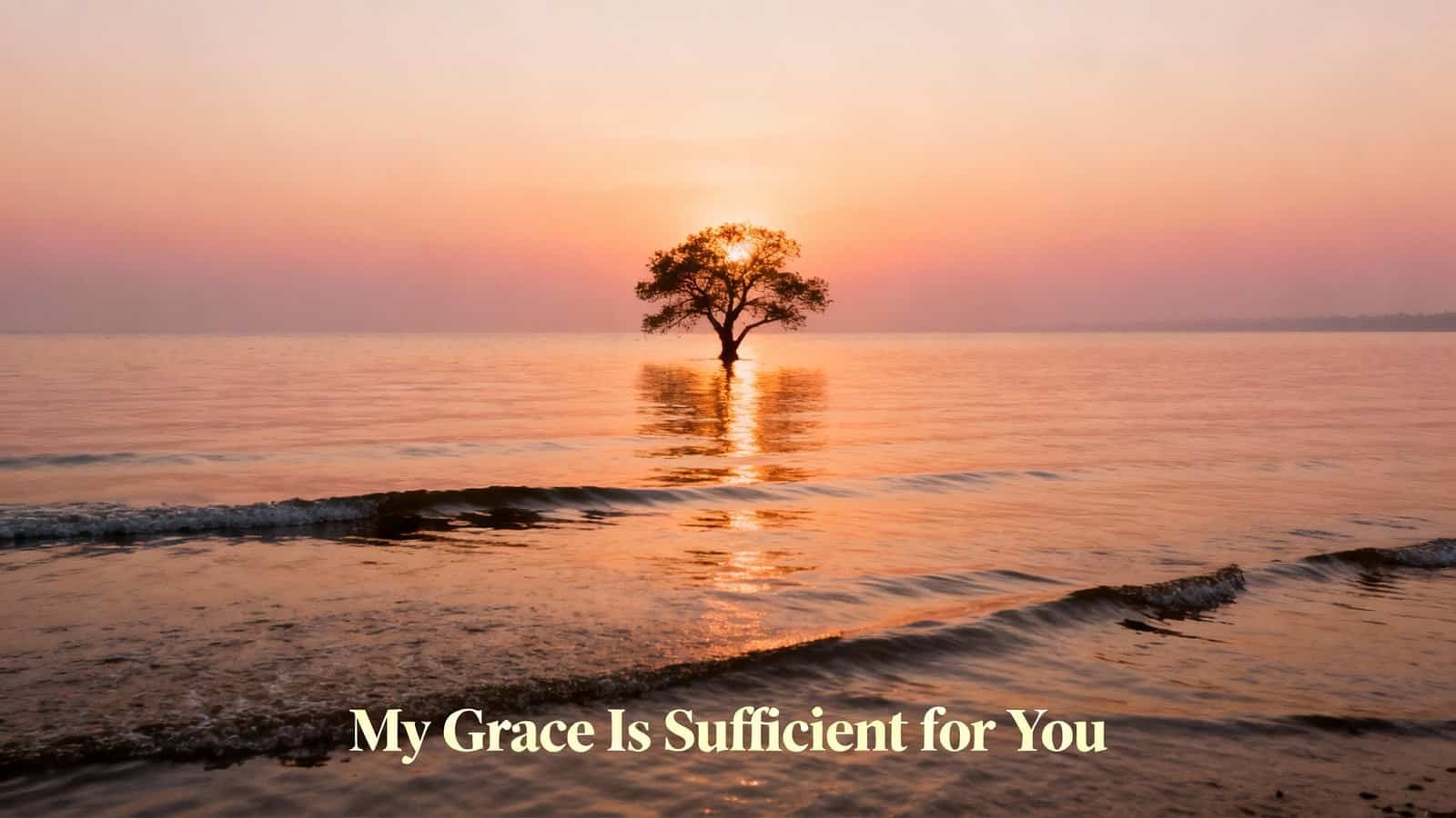 Lightning sunset over water with a single tree in the ocean, illustrating God's grace, spiritual renewal, and faith, perfect for Christian music, prayer, and worship themes, from MyBibleSong.com alt text.