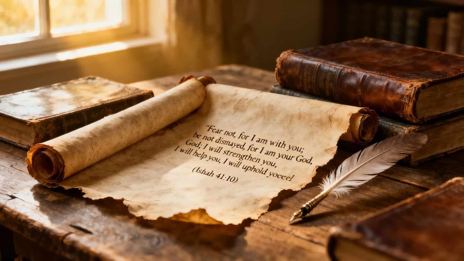 Bible scroll and old books on vintage wooden table with scripture quote, historical religious books, faith inspiration, ancient Bible study, Christian faith reading, devotional scripture, biblical history.