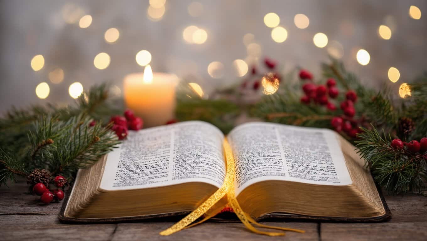 Open Bible with Christmas greenery and candle, representing faith and Christmas celebrations, on a wooden table, with blurred festive lights in the background.