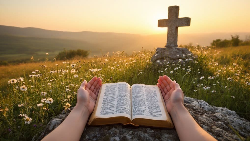Bible open with prayer hands in a scenic field with a cross and wildflowers at sunset, emphasizing faith, prayer, and devotion for Christian worship through My Bible Song.