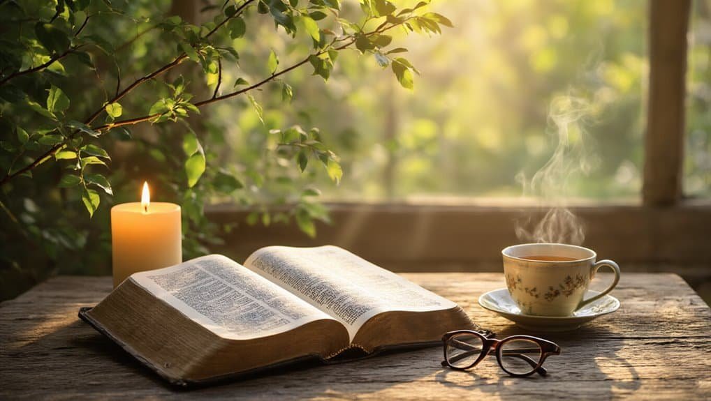 Peaceful morning Bible reading scene with open scripture, steaming tea, and candle, ideal for prayer, worship, and Christian devotion. Serene setting for spiritual reflection and connecting with God's word.