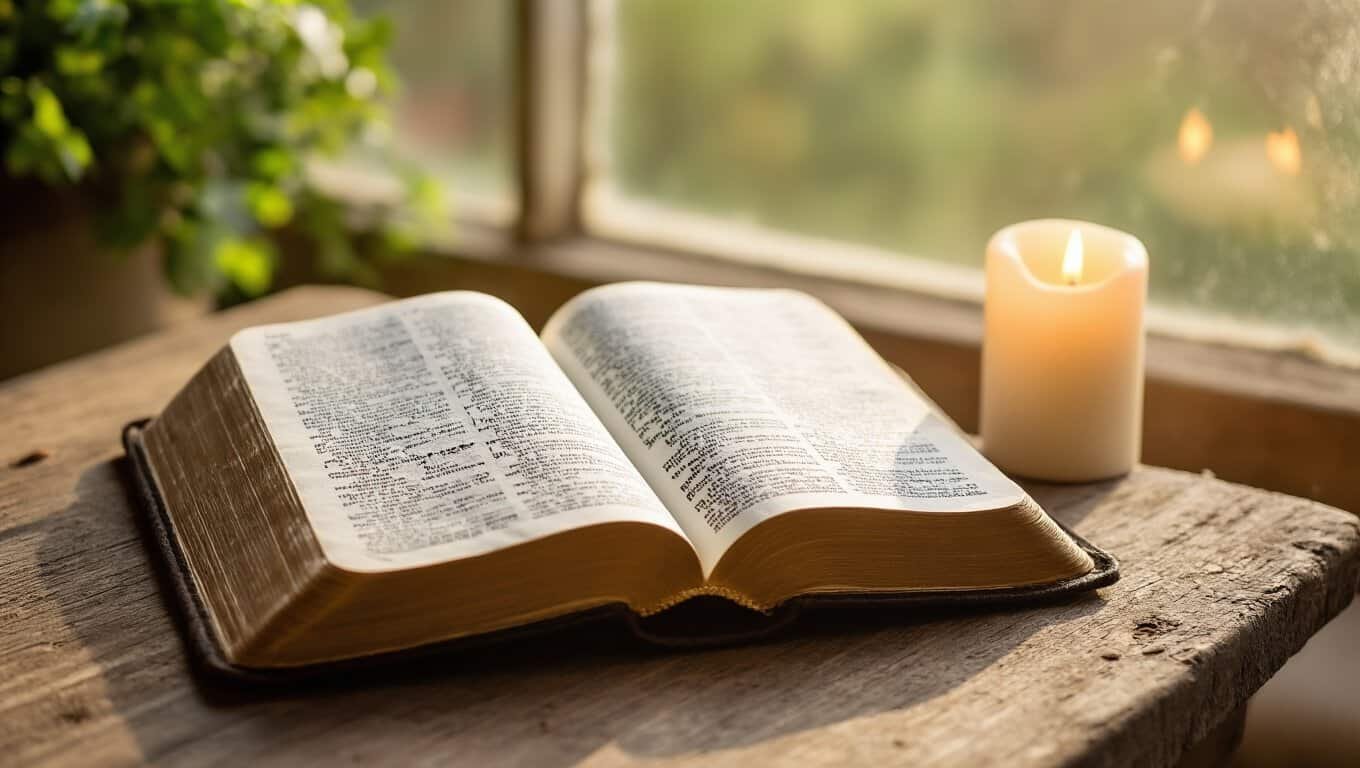 Open Bible on rustic wooden table with lit candle, peaceful spiritual setting, promoting Christian worship, Bible study, and worship music through My Bible Song, inspiring faith and devotion.