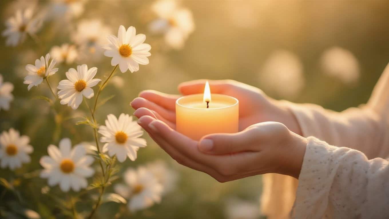 Soft candlelight held by hands near blooming daisies in a serene outdoor setting, symbolizing hope, faith, and prayer in Christian worship and biblical inspiration.