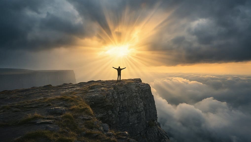 Radiant sunrise over mountain peak with person worshiping, symbolizing faith and spiritual connection, ideal for promoting Christian worship songs and Bible-based music.