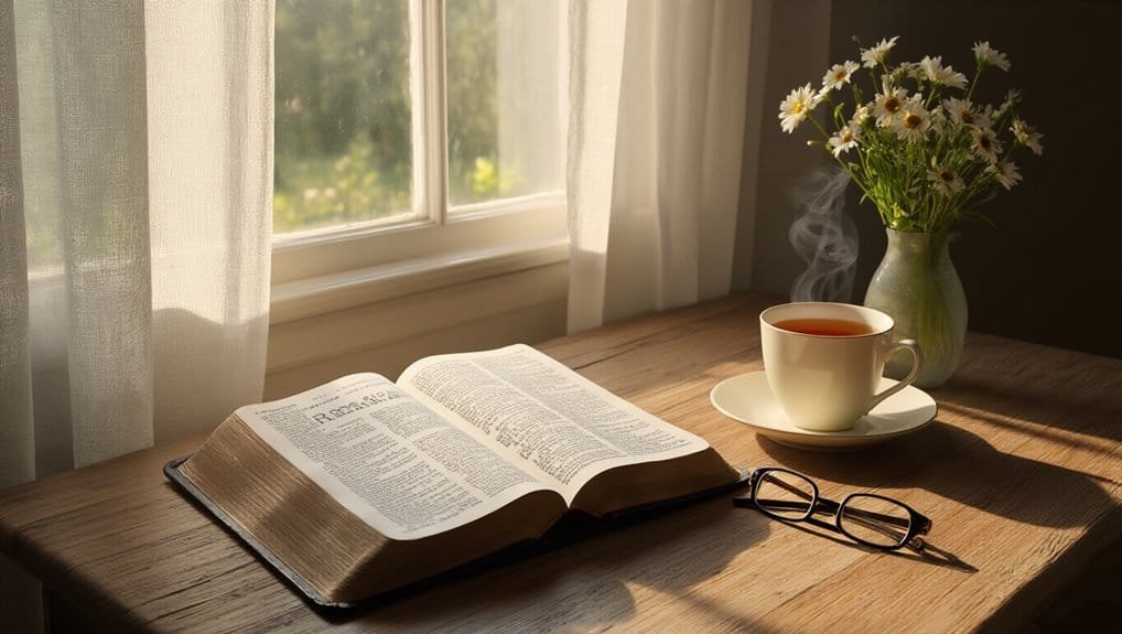 Bible open on a wooden table next to a steaming cup of tea, glasses, and a vase of daisies in front of a window with white curtains, creating a peaceful scene for spiritual reflection.