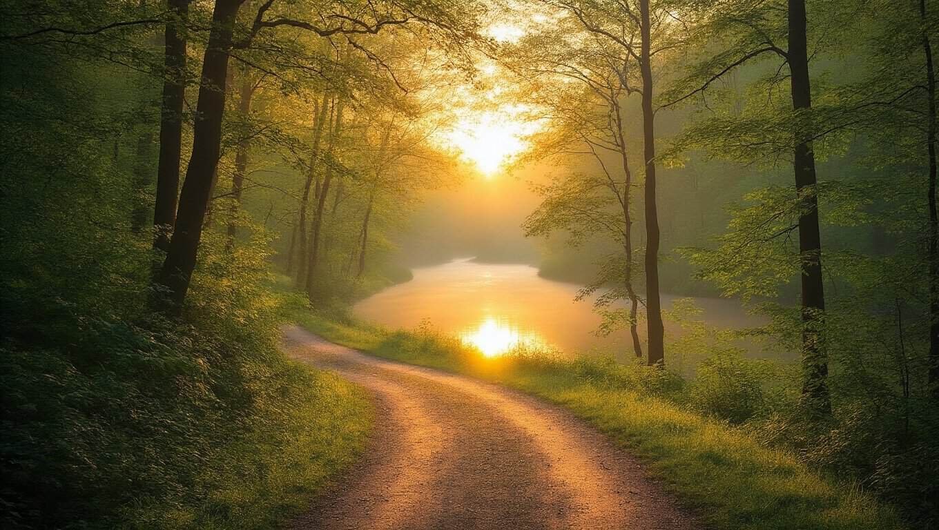 10 Bible Verses That Remind Us God Is in Control My Bible Song 2026 Serene forest scene during sunrise with a winding path along a calm river, highlighting natural beauty and tranquility. Perfect for promoting faith, hope, and spiritual reflection through biblical songs.