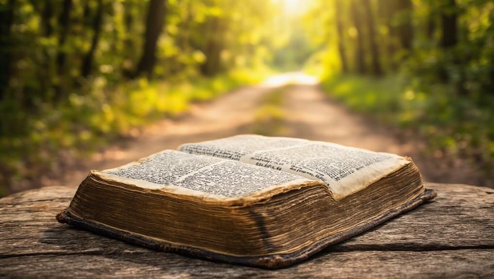An open Bible placed on a rustic wooden surface outdoors in a sunlit forest, symbolizing faith, devotion, and spiritual learning in nature.