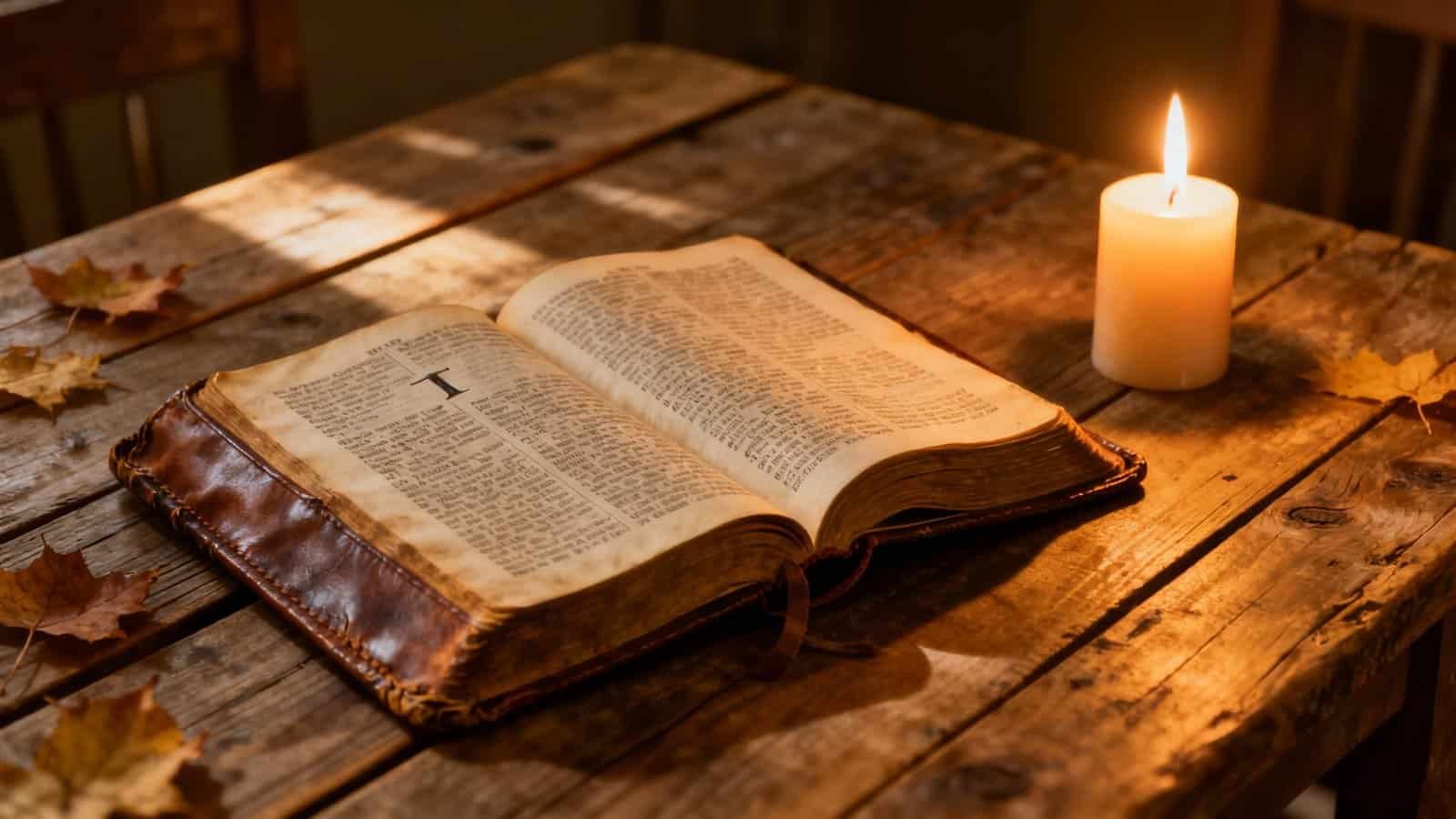 Bible open on rustic wooden table with lit candle and autumn leaves, creating a cozy religious atmosphere for Bible reading and spiritual reflection.