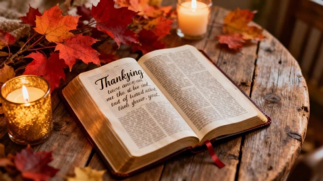 Thanking Bible open on rustic wooden table with autumn leaves and glowing candles, celebrating gratitude and faith.