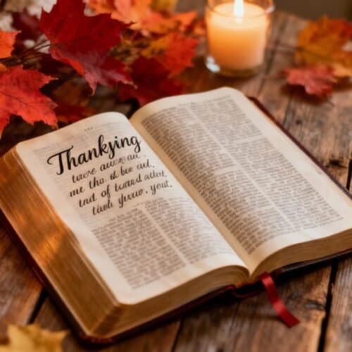 Thanking Bible open on rustic wooden table with autumn leaves and glowing candles, celebrating gratitude and faith.