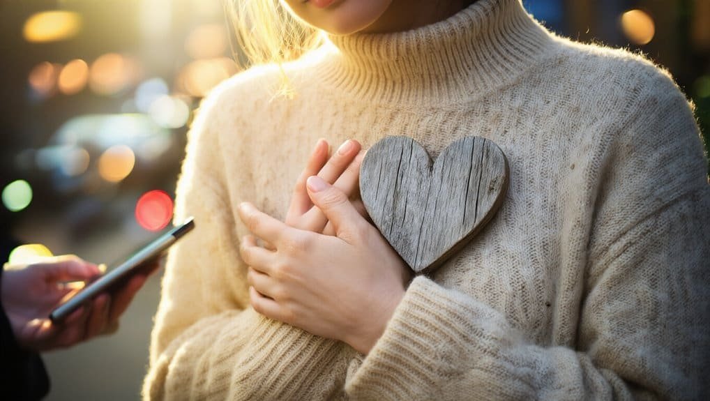 Heart-shaped wooden ornament held close to the chest in a cozy, warm sweater; someone using a smartphone nearby.