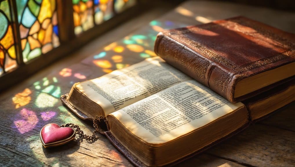 Bible open with highlighted scriptures on wooden table, stained glass window casting colorful light, and a heart-shaped pendant, emphasizing faith, worship, and gospel teachings - perfect for Christian teaching resources and spiritual inspiration.