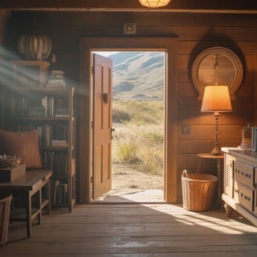 Cozy wooden interior with open door leading to scenic mountain landscape, warm sunlight streaming inside, rustic furniture, bookshelves, and decorative items, evoking peace and comfort in a idyllic setting.