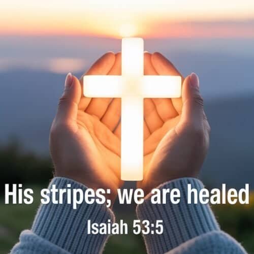 Lighted cross held with hands during sunrise, symbolizing faith and healing through Jesus Christ, with biblical verse Isaiah 53:5 about spiritual healing.