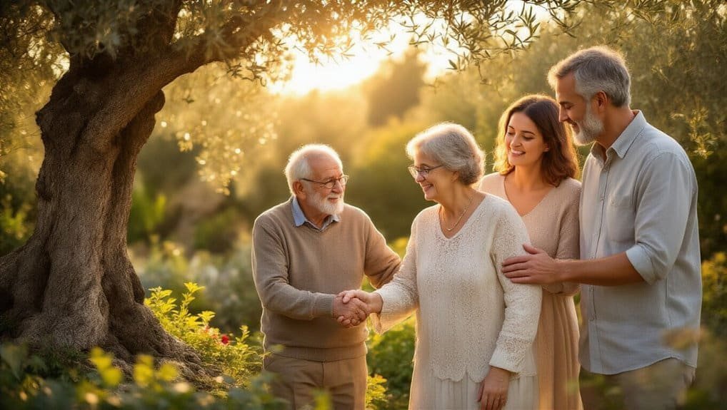 What Are Key Bible Verses About Honoring Your Father and Mother? My Bible Song 2026 Warm-hearted elderly couple shaking hands outdoors in a sunny garden, family embracing, symbolizing love, faith, and blessings, ideal for promoting Christian values and biblical songs on My Bible Song platform.