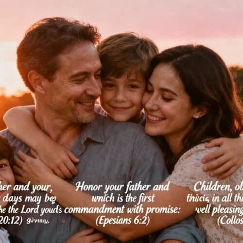 Father and children hugging outdoors at sunset, emphasizing family values and faith in God's commandments.