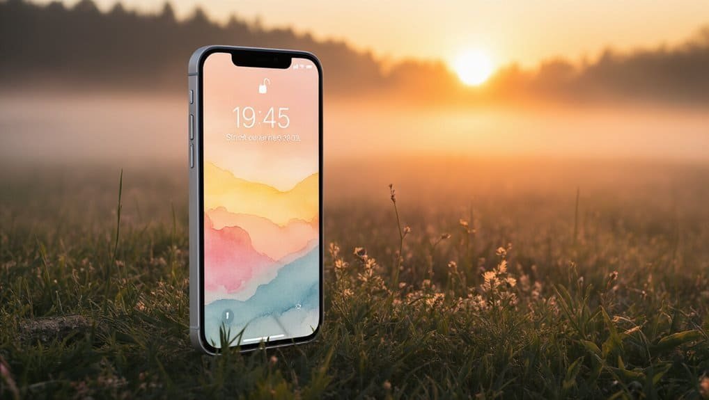 IPhone with Bible song app on screen in a grassy field at sunset, promoting Christian music and scripture, ideal for faith-based mobile app users and spiritual growth.