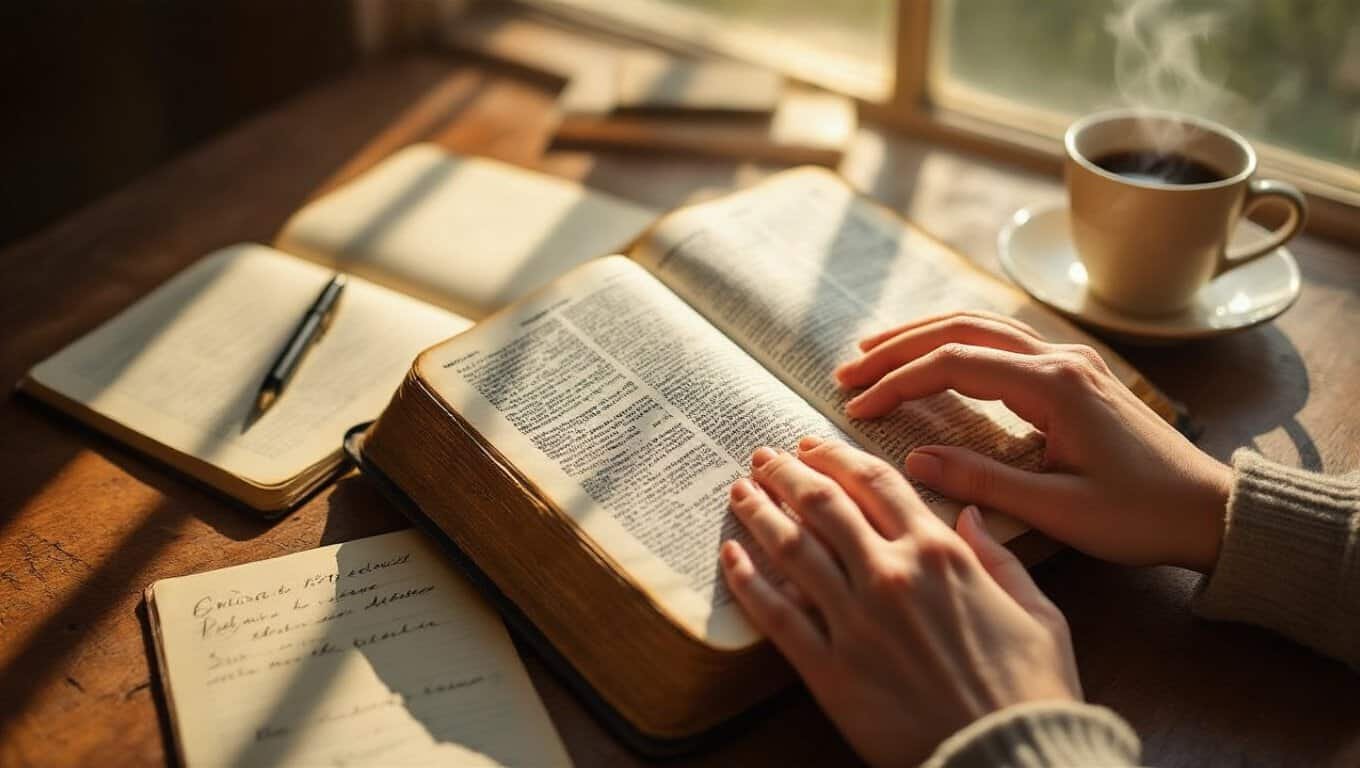 Bible reading and prayer time with a cup of coffee on a wooden table, emphasizing faith, spirituality, and reflection in a cozy setting.